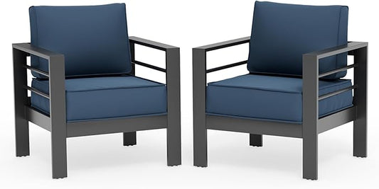 UDPATIO Patio Aluminum Sofa Patio Armchairs Set of 2, 5" Thickness Cushion Outdoor Seating Set for Porch, Blue Cushions(Include Waterprroof Cover)