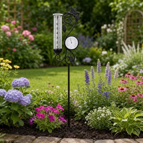 Butterfly Rain Gauge Garden Decor, 32" Thermometer Patio Decor, 7" Capacity Rain Gauge Replacement Tube Glass, Outdoor Temperature Patio Decor
