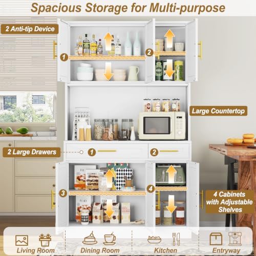 71"Large Metal Pantry Storage Cabinet with 2 Drawers,Farmhouse Wide Kitchen Pantry Storage with Adjustable Shelves,Tall Kitchen Hutch with Countertop for Dining Room and Living Room,Home Office,White