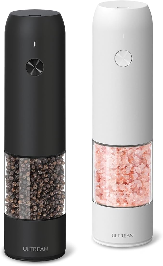 Ultrean Salt and Pepper Grinder Set, Rechargeable Salt and Pepper Shakers, 6 Adjustable Coarseness, LED Light, Automatic Pepper Mill for Kitchen, Christmas Gifts, Black&White