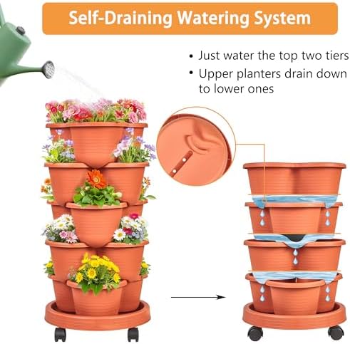 VECELO 5 Tier Vertical Garden Planter, Self Watering Stackable Planters with Wheels for Strawberries, Herbs, Flowers, Vegetables, Red