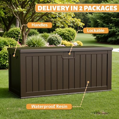 Flamaker 250 Gallon Resin Deck Box, XXL Waterproof Storage Box with Divider