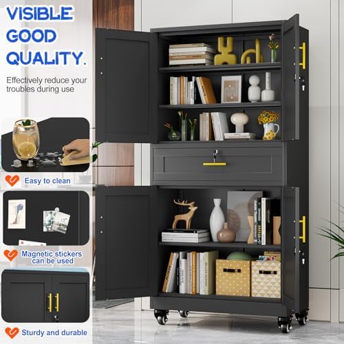 GAIOUS 74” Tall Metal Garage Storage Cabinet with Wheels and Drawer, Steel File Cabinet for Home Office, Tool Cabinet with 4 Locking Doors and 3 Adjustable Shelves, Rolling Cabinet for Garage-Black