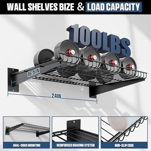 Garage Wall Shelving 24"x16.5" 4-Pack, Wall Mounted Shelves, Black