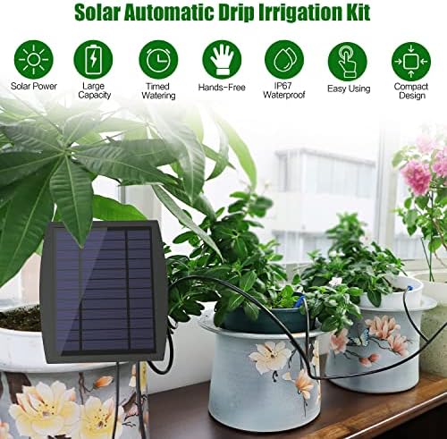 Solar Automatic Drip Irrigation Kit System, JIYANG Solar Powered Auto Easy DIY Watering Device Supported Pots Plants, 12 Timing Modes with Anti-Siphoning Device (Supported 20-30 Pots, 12Timing Modes)
