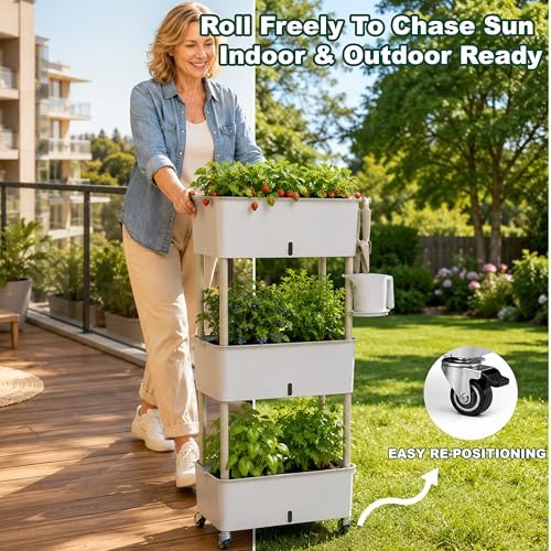 3-Tier 46.7"H Rolling Raised Garden Bed with Wheels, Self Watering Planter Box with Visible Water Level, Gray Rustproof Plastic Herb & Strawberry Planter for Indoor Outdoor Vegetables Flowers, DIY Kit