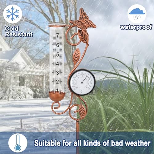Butterfly Rain Gauge Garden Decor, 32" Thermometer Patio Decor, 7" Capacity Rain Gauge Replacement Tube Glass, Outdoor Temperature Patio Decor