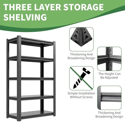 78" H Garage Shelves, Garage Shelving Heavy Duty, 3000Lbs 5 Tier Adjustable Garage Storage Shelves Suitable for Warehouse, Basement, Workshop,Require Assembly, 18" D*48" W *78" H(Black)