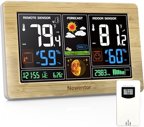 Newentor Weather Station Wireless Indoor Outdoor Thermometer, Wood,1Sensor