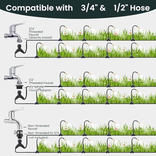 200Ft Drip Irrigation System,1/4" 360°Bendable Fast-Lock Tubing with40pcs Adjustable Misting Copper Nozzles, Automatic Leak-Resistant Watering Spray Kit for Garden,Compatible with 3/4" & 1/2" Hose
