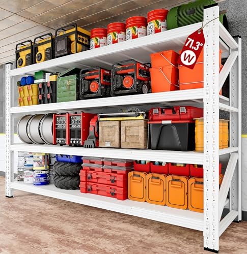 71.3" Wide Heavy Duty Garage Shelving Units,5000LBS Deep Storage Shelves,White Metal Garage Shelves,Steel Shelf,Large Storage Rack,Industrial Shelving for Shop,Warehouse,Basement,71.3"W x 24"D x 70"H