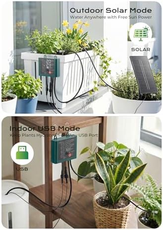 Solar Drip Irrigation System with USB Charging, Indoor Outdoor Plant Watering Devices for 15 Potted Plants, Automatic Watering System IP44 Waterproof 2200mAh for Garden Farm Greenhouse(Green)
