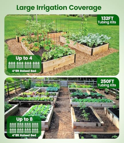 250FT Drip Irrigation Tubing Kit with 1/2 Irrigation tubing, 1/4 inch Dripline, and Irrigation Parts for Garden, Raised Beds, and Greenhouse Watering