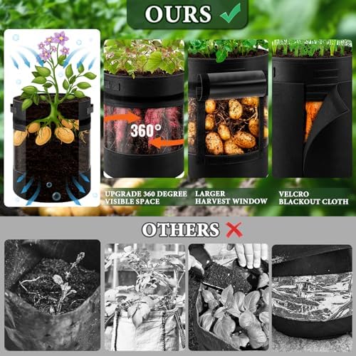 3 Pack 10 Gallon 360° Visibility Potato Grow Bags with Shading Flap