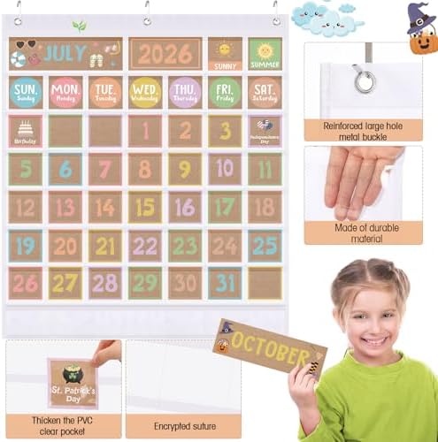 Sinload Classroom Calendar Pocket Chart White, Rustic