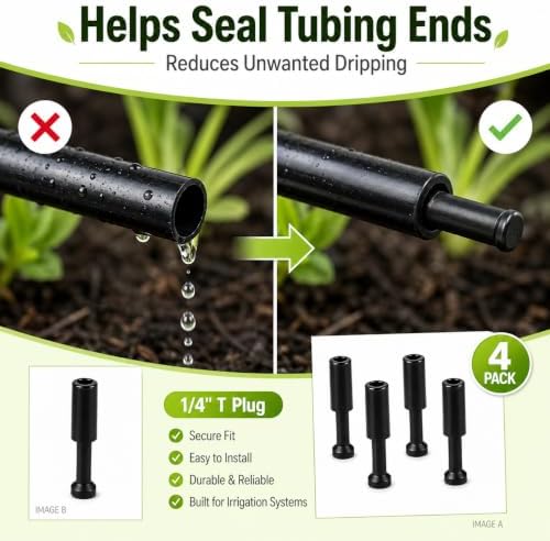 4-Pack 1/4 Inch Drip Irrigation T Plugs for Watering Kits