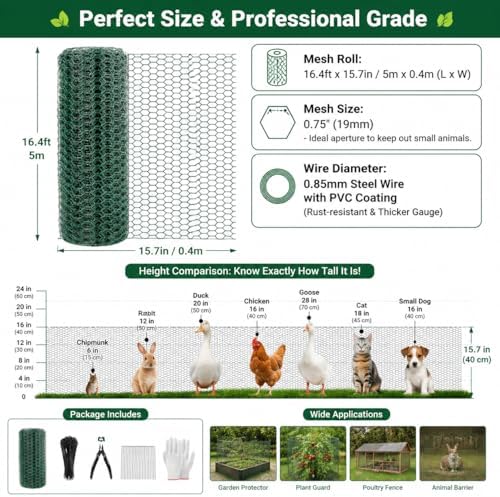 Plant Protectors from Animals, 0.85mm Free-Cut Green Chicken Wire Mesh, PVC Coated Tree Trunk Guard & Garden Fence for Outdoor Plants with Zip Ties, Stakes, Pliers, Gloves (16.4Ft*16In(16x 197 Inch))