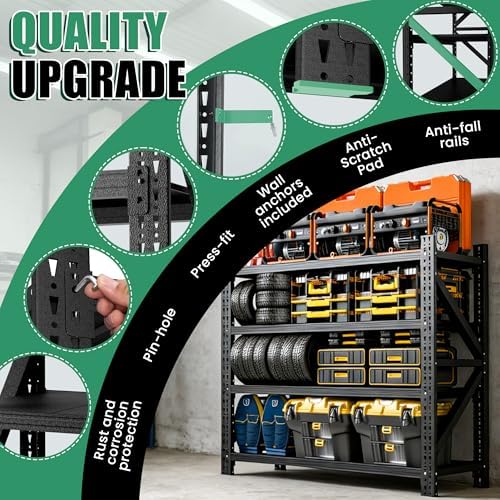 4-Tier Heavy Duty Garage Shelving,Industrial Shelving for Home & Business,Garage Storage Racks Heavy Duty Steel Shelves,Ultra-Wide Metal Rack for Garage Walls,Workshop,Office,Basement