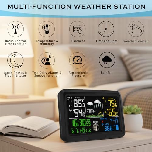 Digital Wireless Rain Gauge Outdoor, Home Weather Station Wireless Indoor Outdoor with Self-Emptying Rain Gauge, Thermometer, Barometer, Hygrometer, Atomic Clock, Weather Forecast and Alerts