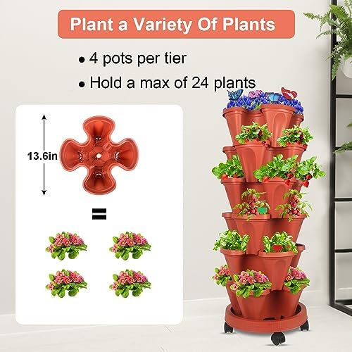 GameXcel Vertical Planter Tower - 6 Tier Stackable Garden Planters with Wheels and Garden Tool Set Plant Pots for Strawberry Herb Flower and Vegetable Indoor Outdoor Use Red