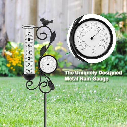 32" Garden Rain Gauge with Thermometer - 7" Glass Tube for Outdoor Indoor Use, Patio Yard Decor Statue