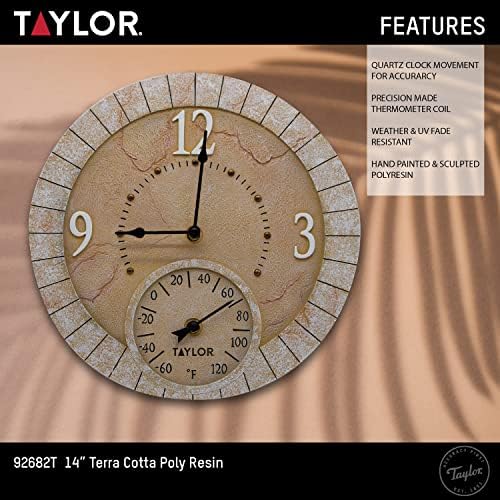 Taylor Terra Cotta Poly Resin Indoor and Outdoor Clock and Thermometer, Home Decor for Garden, Patio, Pool, and Indoor Areas, 14-inch, Multi-Color