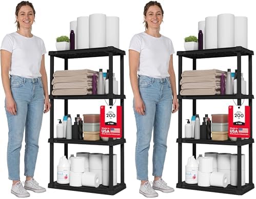 IRIS USA 4-Shelf Light Duty Plastic Storage Shelves, 200lb Capacity, 48" H x 24" W x 12" D, Medium Modular Shelving Unit Storage Organizer for Bathroom, Laundry, Garage & Home, Storage Rack - Black
