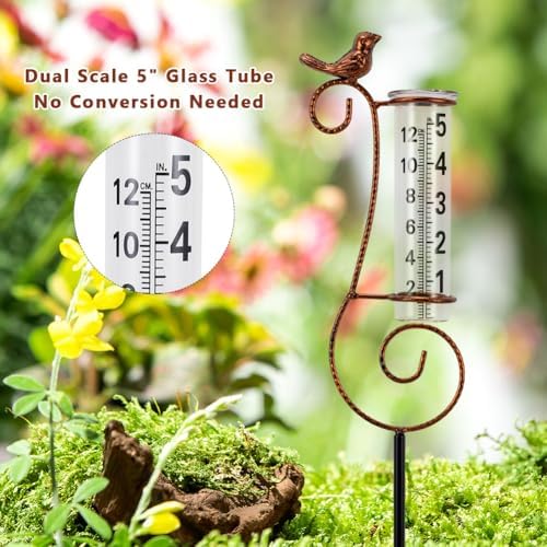 Hummingbird Rain Gauge Outdoor, 7 Inch Tube Metal Rain Gauge