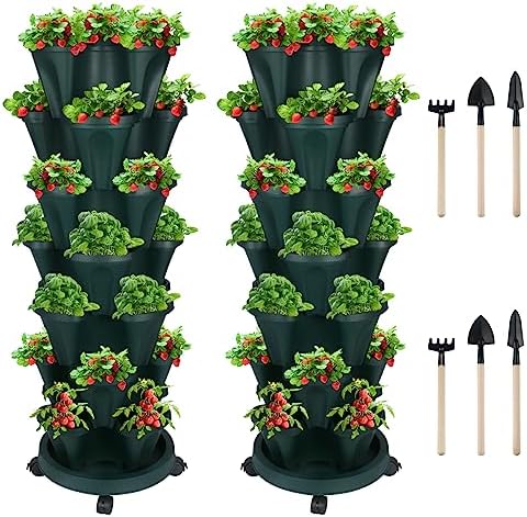 GameXcel Vertical Planter Tower - 7 Tier Stackable Garden Planters with Wheels and Tools Plant Pots for Strawberry Herb Flower and Vegetable Indoor Outdoor Use Green 2 Pack