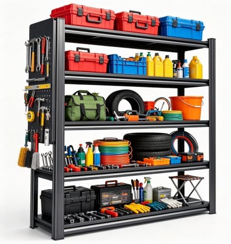 Garage Shelving Unit 5 Tier Metal Rack with Pegboard and 20 Hooks