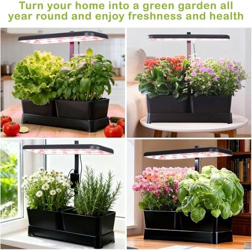 Indoor Herb Garden with Grow Light & Pots, Full Spectrum LED Planter for Kitchen Herbs & Houseplants, Height Adjustable Indoor Growing System for Home & Apartment Decor(Black, 16 * 6.3 * 7.1 inch)