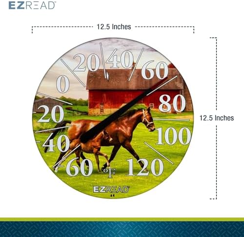 EZREAD Hanging Dial Thermometer - Weather Thermometers for Indoor and Outdoor Use, Large 12.5 Inch Diameter, Easy-to-Read Numbers, Horse and Foal