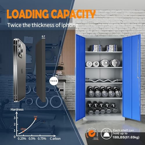 Yizosh Metal Garage Storage Cabinet with 2 Doors and 5 Adjustable Shelves - 71" Steel Lockable File Cabinet,Locking Tool Cabinets for Office,Home,Garage,Gym,School (Gray Blue)
