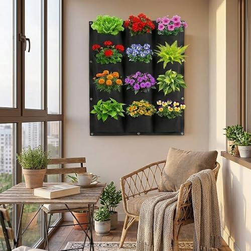WFIST Vertical Hanging Planter Bag, Breathable Felt Wall Garden Planter with Metal Grommets, Indoor/Outdoor Space-Saving Herb & Flower Growing Pouch (12-Pocket)