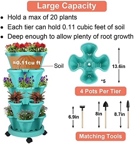 GameXcel Vertical Planter Tower - 5 Tier Stackable Garden Planters with Wheels and Tools Plant Pots for Strawberry Herb Flower and Vegetable Indoor Outdoor Use Teal 2 Pack