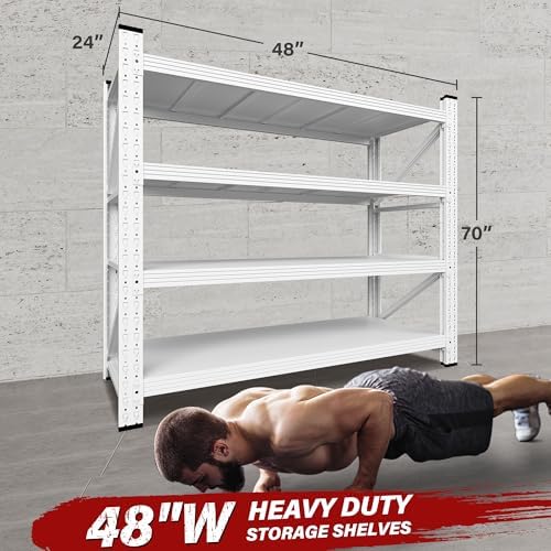 48" Wide Heavy Duty Garage Shelving Units,3000LBS 24 Deep Storage Shelves,White Metal Garage Shelves,Large Storage Rack,Steel Shelf,Industrial Shelving for Shop,Warehouse,48" W x 24" D x 70" H