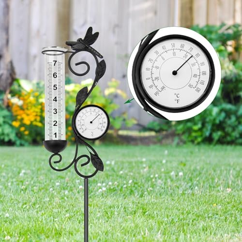 Dragonfly Rain Gauge Garden Decor, 32" Thermometer Patio Decor, 7" Capacity Rain Gauge Replacement Tube Glass, Outdoor Temperature Patio Decor
