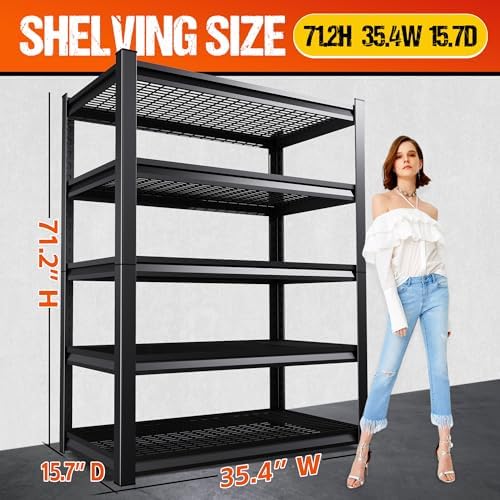 Set of 5 Garage Shelving Heavy Duty Storage Shelves, Adjustable Metal Shelving Unit, Utility Garage Organizer Shelf for Basement, Pantry, Warehouse, Supermarket, 35.4" Wx15.7 Dx71.2 H,Black