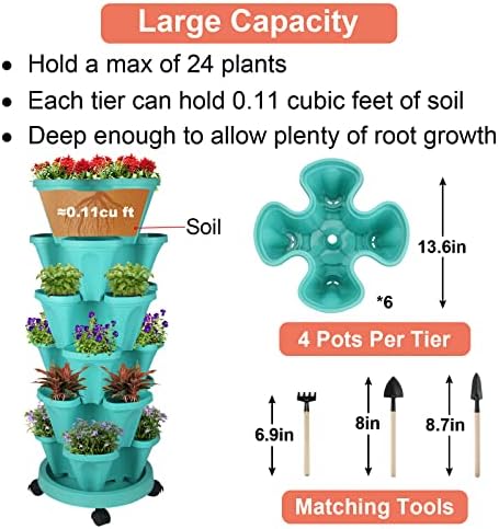 GameXcel Vertical Planter Tower - 6 Tier Stackable Garden Planters with Wheels and Tools Plant Pots for Strawberry Herb Flower and Vegetable Indoor Outdoor Use Teal 2 Pack