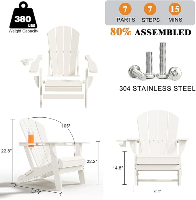 Folding Adirondack Chairs with Cup Holders, Set of 6 HDPE Plastic Outdoor Chairs, Weather Resistant, Real Wood Look, Heavy-Duty Patio Furniture for Deck, Fire Pit, Backyard, White