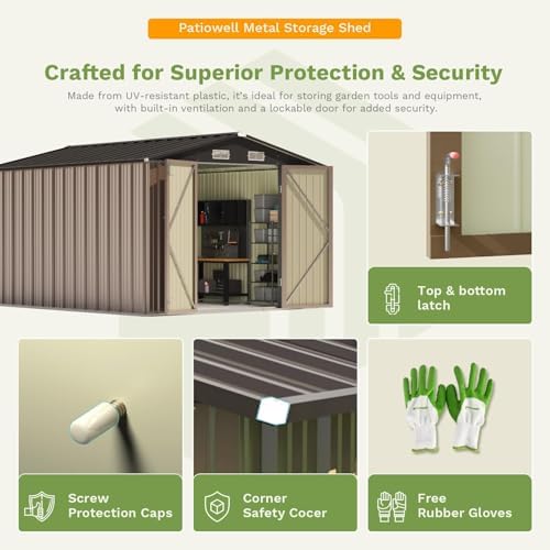 Patiowell 10x12 FT Storage Shed, Outdoor Metal Sheds, Brown