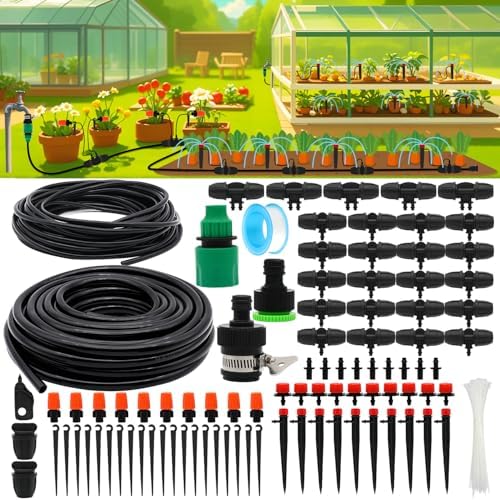 Drip Irrigation System, 100FT Drip Irrigation Kit for Garden - 50FT Main & 50FT Branch Tubing, Adjustable Nozzles for Drip or Mist Cooling, Irrigation System for Garden, Lawn, Patio, Raised Bed