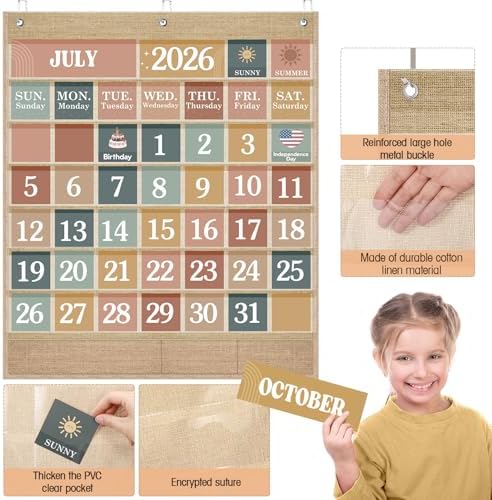 Sinload Classroom Calendar Pocket Chart Linen Color, Modern Boho