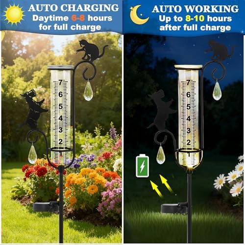 33" Solar Garden Rain Gauge - 7" Glass Tube for Outdoor Indoor Use, Patio Yard Decor Statue,Metal Dog & Cat Rain Gauge.