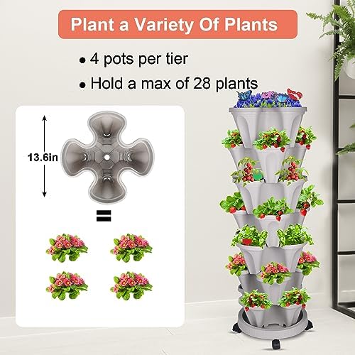 GameXcel Vertical Planter Tower - 7 Tier Stackable Garden Planters with Wheels and Garden Tool Set Plant Pots for Strawberry Herb Flower and Vegetable Indoor Outdoor Use Gray