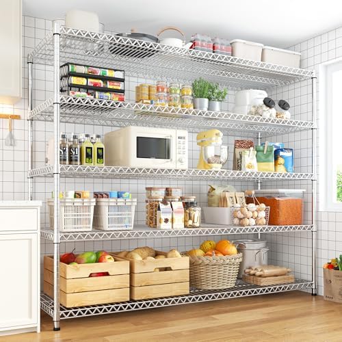 REIBII 55.5" W Storage Shelves 3200LBS Metal Shelving 5 Tier Wire Shelving Garage Shelving Heavy Duty Metal Shelves for Shelving Unit Commercial Adjustable Shelf, 55.5" W X 18''D X 71" H，Chrome,2P