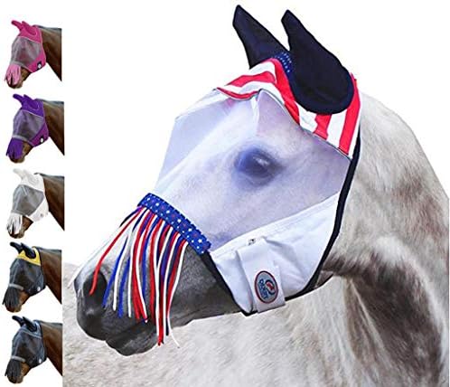 Derby Originals Patriotic Reflective Safety Horse Fly Mask with Ears and Nose Cover Fringes,Full Horse (Large)
