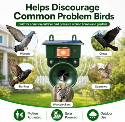 Upgraded Solar Ultrasonic Bird Repeller Outdoor & Geese Deterrent,2 Pack Bird Deterrent with Motion Sensor for Crows Pigeons Starlings Waterproof Bird Scare Device for Garden Patio Roof Pool Boat