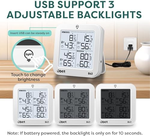 OBET Weather Station Wireless Indoor Outdoor Thermometer Wireless, Digital Temperature and Humidity Monitor with 3 Sensors, Adjustable Backlight, USB Port (500 Feet) White