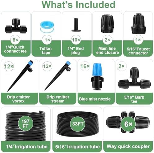 230FT Drip Irrigation System,Automatic Garden Watering System with 1/4" & 5/16" Tubing, Adjustable Spray Nozzles & Sprinklers for Garden, Greenhouse, Lawn, Potted Plants